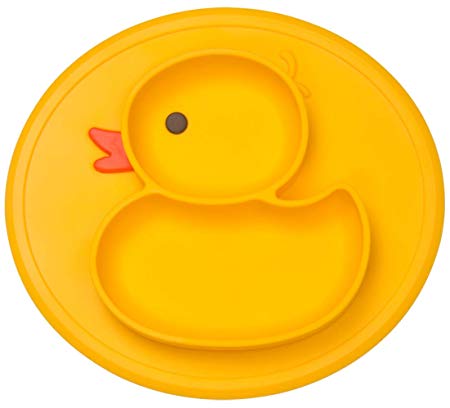 Silicone Divided Toddler Plates - Portable Non Slip Suction Plates for Children Babies and Kids BPA Free FDA Approved Baby Dinner Plate (Duck-Yellow)