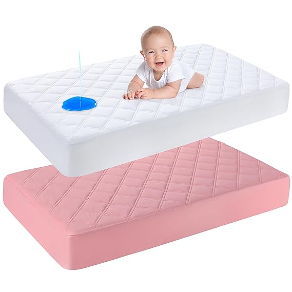 Yoofoss 2 Pack Waterproof Crib Mattress Protector, Quilted Fitted Crib Mattress Pad, Ultra Soft Breathable Toddler Mattress Protector Baby Crib Mattress Cover (Bean Paste and White, 52''x28'')