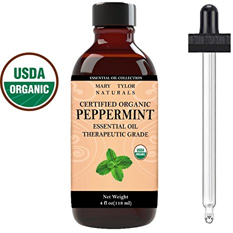 Organic Peppermint Essential Oil 4 oz, USDA Certified Organic, by Mary Tylor Naturals, Premium Therapeutic Grade, 100% Pure, Perfect for Aromatherapy, Relaxation, Improved Mood, Repel Mice, Pests