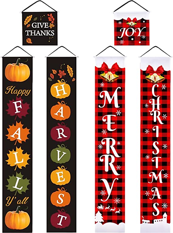 3 Pieces Christmas Thanksgiving Reversible Banner Christmas Thanksgiving Porch Sign Merry Christmas and Fall Harvest Banner Christmas Plaid Hanging Banner for Holiday (Black, Red and Black Plaid)