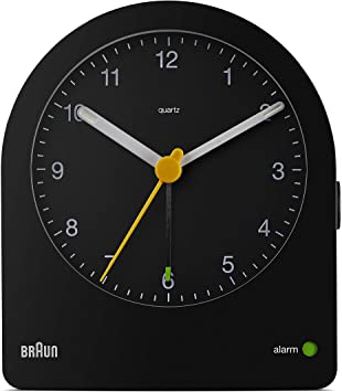 Braun classic analogue alarm clock with snooze and continuous backlight, quiet quartz movement, crescendo beep alarm in black, model BC22B