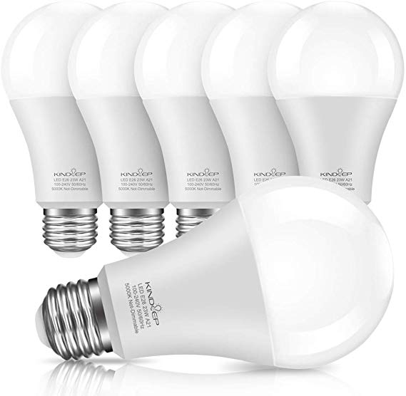 Kindeep E26 LED Bulbs, 150W-200W Incandescent Bulb Equivalent, 23W, A21 LED Light Bulbs, 2500 Lumens, Daylight White 5000K, Not-Dimmable (Pack of 6)