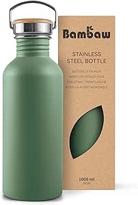 Bambaw Travel Water Bottle 32oz, Green Water Bottle No Straw, Non-insulated Single Wall Stainless Water Bottle, Hiking Water Bottle, 1 Liter Water Bottle with Handle – Sage Green