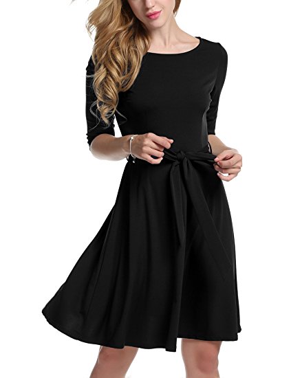 Meaneor Womans 3/4 Sleeve Casual Swing And Cocktail dress w/ Belt