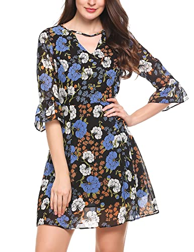 Zeagoo Women Boho V Neck Half Sleeve Mini Floral Print Summer Shift Tunic Dress