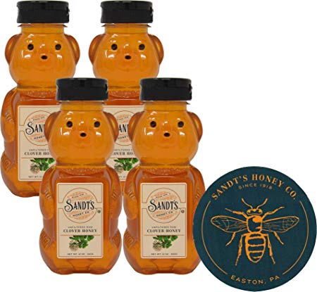 Sandt's Unfiltered Raw Pure Clover 12 Ounce Honey Bear (Pack of 4) with Sandt's Honey Magnet