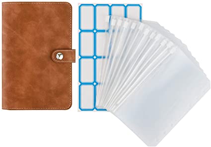 MoKo 6-Ring Binder Notebook, A6 PU Leather Loose-Leaf Notebook Folder with 12-Pack Clear Plastic Binder Envelopes, Clear Budget Envelope System Planner with Label Stickers - Brown