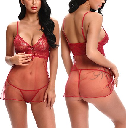 Vextronic Women Chemise Lace Babydoll Lingerie Sleepwear With V-Neck and Transparent Chiffon For Lovers