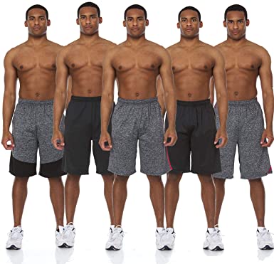 5 Pack: Men's Active Performance Quick-Dry Athletic Stretch Drawstring Basketball Gym Knit Shorts with Pockets