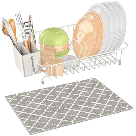 Dish Drying Rack, iSPECLE Dish Drainer with Utensil Holder, Microfiber Dish Drying Mat with Dish Rack Wire for Kitchen Counter Top, White Color Poblished Anti Rust Dish Holder, 13.8 x 10.6 x 3.5inch