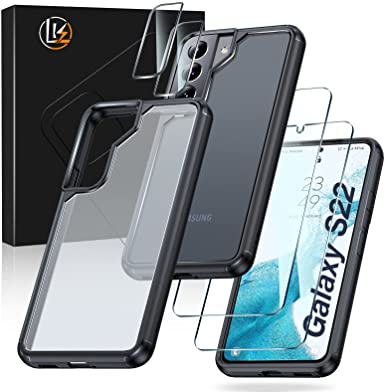 [5-in-1] LK for Samsung Galaxy S22 Case 5G, with 2 Pack Tempered Glass Screen Protector & 2 Pack Lens Protector, Matte-Finish, All-Round Protection, Shockproof, Anti-Scratches Kit for Galaxy S22