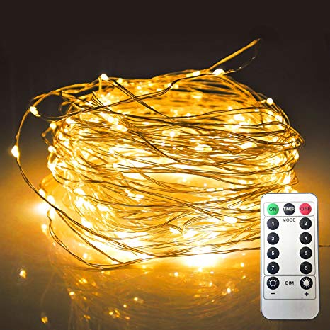 JMEXSUSS 8 Modes Remote Control 200 LED 65.6ft Battery Operated Waterproof Dimmable Fairy String Copper Wire Lights for Christmas, Bedroom, Patio, Wedding, Party, Warm White