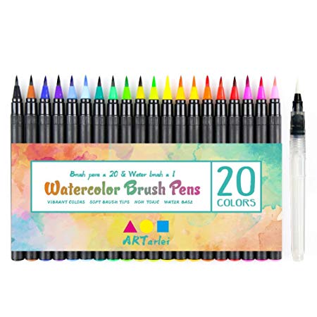 Watercolor Brush Pens, 20 Colors & 1 Refillable Water Pen, Safe for Kids, for Coloring Books, Drawing, Calligraphy, Lettering & Bold Colors and smoothly The Brush Pen is Very Vivid