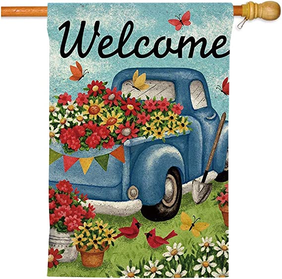 GOAUS Spring Summer Welcome Flower Old Truck Daisy Bird Butterfly Floral House Flag,Double Sided Burlap Decorative Garden Flags for Home Lawn Yard Indoor Outdoor Decor,28 x 40 Inch…