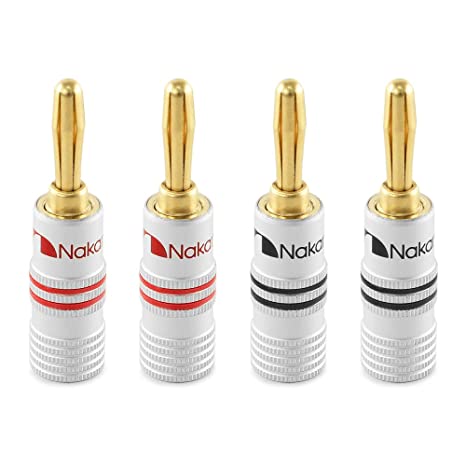 Nakamichi Excel Series 24k Gold Plated Banana Plug 8 AWG - 16 AWG Gauge Size 4mm for Speakers Amplifier Hi-Fi AV Receiver Stereo Home Theatre Radio Audio Wire Cable Screw Connector 4 Pcs (2-Pairs)