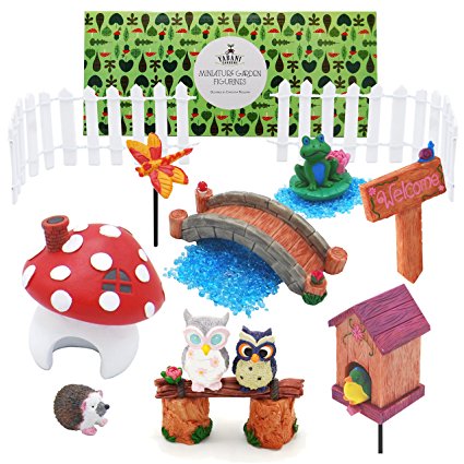 Fairy Garden or Terrarium Accessories, Outdoors & Indoors Miniature Supplies, Boys & Girls, Size = Easy to Handle & Visible, 14 Piece Starter Kit with Faux Water Pebbles, Enchanted Forest Collection