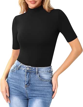 MANGOPOP Women's Mock Turtle Neck Slim Fit Long Sleeve 3/4 Sleeve Short Sleeve T Shirt Tight Tops Tee