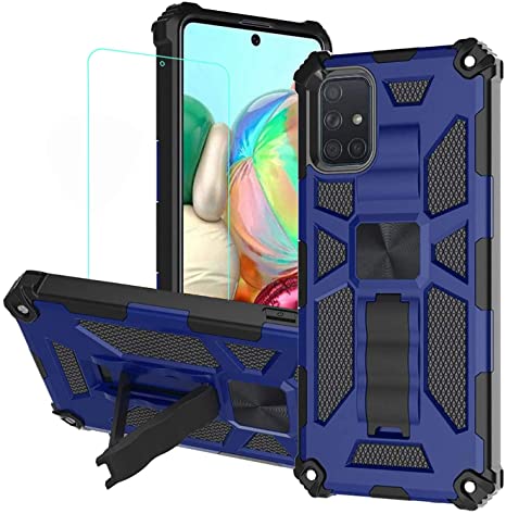 for Samsung Galaxy A71 Case with Screen Protector A71 Phone case Heavy Duty Dual Layer Silicone TPU Hard Shell Military Grade Full-Body Rugged Case with Magnetic Car Built-in Kickstand (Blue)