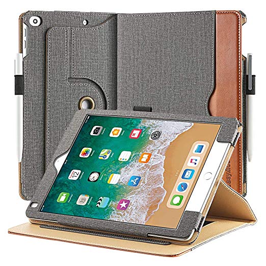 EasyAcc Case For iPad 2018 2017 9.7/ iPad Air/iPad Air 2, [360 Degree Rotating/ 100% PU Leather Made by Hand/No Plastic Content] and Document Card Slots, with Auto Wake/Sleep, Durable Case- Grey