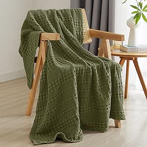 PHF 100% Cotton Waffle Weave Throw Blanket - Lightweight Washed Cotton Throw Blanket for Spring & Summer - 50"x60" Aesthetic Breathable & Skin-Friendly Blanket for Room Decor & Office - Capulet Olive