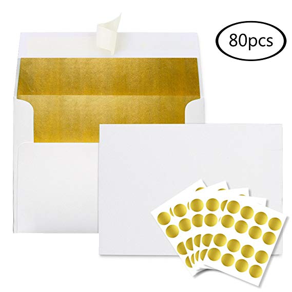 JPSOR Invitation Envelopes—80 A7 Gold Foil-Lined Envelopes with Gold Foil Stickers for Weddings, Parties, Banquets, Graduations (Gold Foil-Lined)