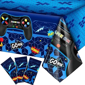 3 Pcs Video Game Table Cover Video Game Birthday Decoration Game Theme Plastic Table Cloth Party Supplies for Boys Girls Kids Player Geek Party Decorations, 54 x 108 Inch (Blue, Classic Style)