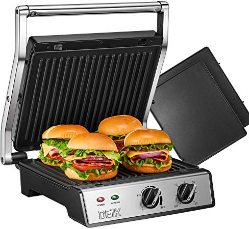 DEIK Panini Press Grill, 6-in-1 Sandwich Toaster with Timer and Temperature Controller, 2000W, 4 Large Non-Stick Removable Plates for Family, 180° Flat Open, Removable Drip Tray, Stainless Steel