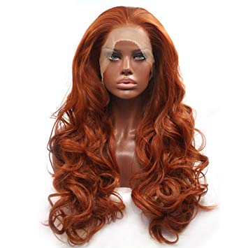 BESTUNG Fashion Glueless Copper Red Long Natural Wavy Free Part Lace Front Wigs Heat Resistant Synthetic Hair Wig for Women 24Inch (Copper Red)