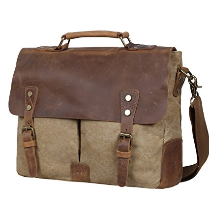 Back-to-School Sale- S-ZONE Leather Vintage Canvas Laptop Messenger Shoulder Bag 14.6"(L) 11"(H)3.9(W)