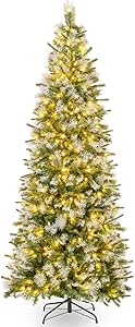 Goplus 7.5ft Pre-Lit Pencil Christmas Tree, Artificial Hinged Xmas Tree with 820 Flocked Frosted Tips, 350 Warm-White LED Lights, Metal Stand, Fake Slim Christmas Trees for Office Home Decoration