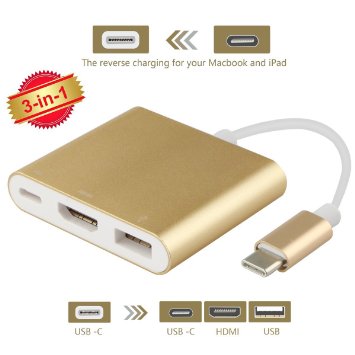 Father's Day Gift,ProCIV Type-C 3in1 USB 3.1 USB-C to USB 3.0/4Kx2K HDMI/ Type C Female Charger Adapter for New Macbook 12in,Google Chromebook Pixel and other Type C devices(Stainless Steel Gold)