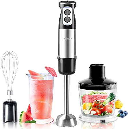 Akrobo 600W 6 Speed Immersion Hand Blender Handheld Electric 4-IN-1,304 Stainless Stick Blender with Whisk,Chopper,Measuring Cup,Used to Make Puree Infant Food, Smoothies, Sauces and Soups-Thanksgiving Christmas Day Dinner Party Cooking Assistant