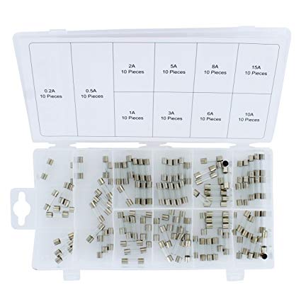 ABN Glass Tube 5x20mm 100-Piece Fuse Set with Carrying Case – 0.2A to 15A Fuses Assortment Kit for Automotive 12 Volt