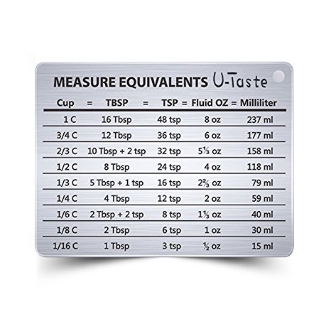 U-Taste Professional Measurement Conversion Chart Refrigerator Magnet in 18/8 Stainless Steel, Conversions For Cups, Tablespoons, Teaspoons, Fluid Oz and Milliliters