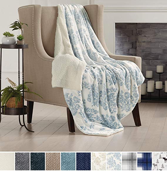 Home Fashion Designs Premium Reversible Two-in-One Sherpa and Sculpted Velvet Plush Luxury Blanket. Fuzzy, Cozy, All-Season Berber Fleece Throw Blanket Brand. (Toile Blue)