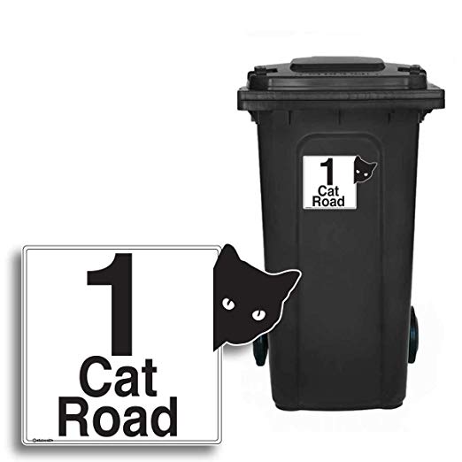 CAT - Personalised Wheelie Bin Sticker/Vinyl Labels with House Number & Street Name - Size A5 [4 Pack]