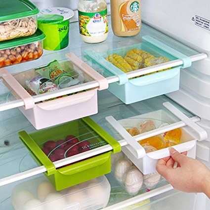 XunHe Retractable Kitchen Drawer Organizer, Adjustable Fridge Drawer Storage Box, Slider Drawer Bins Fridge Shelf Refrigerator Holder Home Organizer for Vegetables and Fruits (4 Pcs)