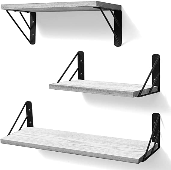 BAYKA Floating Shelves Wall Mounted, Rustic Wood Wall Shelves Decor Set of 3 for Bedroom, Bathroom, Living Room, Kitchen, Office, Laundry Room (White)