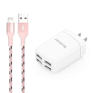 Yoobao iPhone Charger MFI Cable 4 Port USB Wall Charger Plug Multi USB Phone Charging Block with 3ft Lightning Cable Compatible iPhone X/XR/XS/ 8 Plus/ 8, iPad, and More - Pink