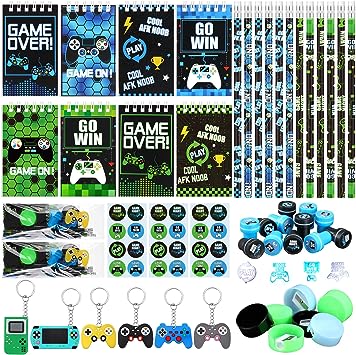 TecUnite 84 Pcs Video Game Party Favors Birthday Supplies for Kids Includes Video Game Mini Notebook Game Sticker Keychain Game Party Prize Set for Boys Girls Video Game Birthday Party Decor Supplies