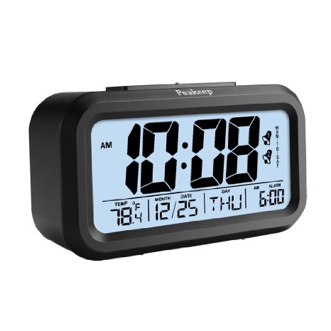 Peakeep Battery Digital Alarm Clock with 2 Alarms for Optional Weekday Mode,Snooze, Night Light (Black)