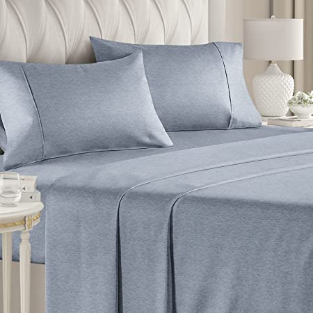 Queen Size Sheet Set - 4 Piece Set - Softer Than Jersey Cotton - Same Look as Jersey Knit Sheets & T-Shirt Sheets - Deep Pockets - Breathable & Cooling Sheets - Wrinkle Free - Heathered Blue – 4PC