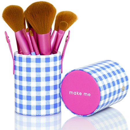Make Up Brushes - Set of 10 - Best Professional Brush Kit With Designer Leatherette Holder - Pink and Blue Synthetic Vegan Brushes With Checkered Case