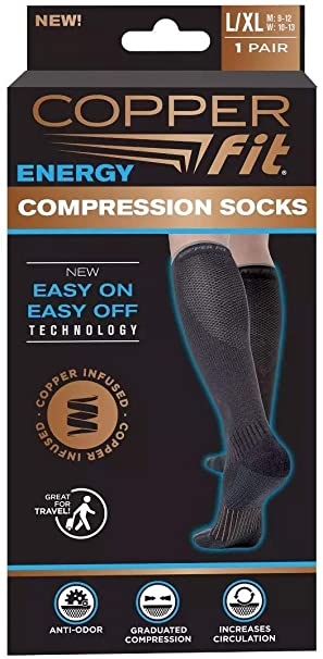 2 Pair Copper Fit Energy Compression Knee High Socks Easy ON, Easy Off (S/M or L/XL, Black) (L/XL)