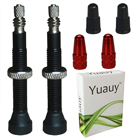Yuauy 2 PCs (42MM Length) Black No Tube Tubeless Valve Stem Core Aluminium Alloy Presta Universal with Red Metal and Black Plastic Bike Bicycle Road Racing Coloured Valve Cap Dust CoverS