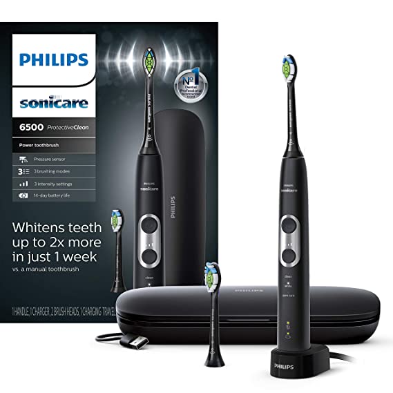 Philips Sonicare ProtectiveClean 6500 Rechargeable Electric Toothbrush with Charging Travel Case and Extra Brush Head, Black HX6462/08