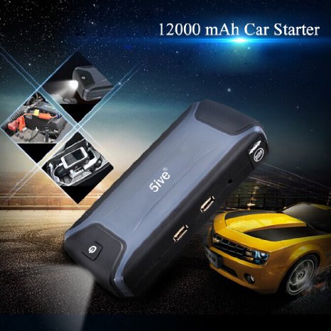 5ive K3 Mini Portable Car Jump Starter Emergency Auto Power Bank 12000mAh Capacity Supplies Car Battery with LED Light Device Dual USB Charging Ports for Cell Phone Laptop Tablet