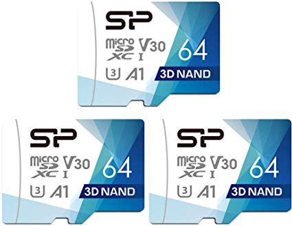 Silicon Power 64GB 3-Pack R/W up to 100/ 80MB/s Superior Pro Micro SDXC UHS-I (U3), V30 4K A1, High Speed MicroSD Card with Adapter