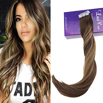 LaaVoo 22" 20pcs/50g Balayage Ombre Color Chocolate Brown #4 to Caramel Blonde #27 Tape in Extensions 100% Remy Human Hair Extensions