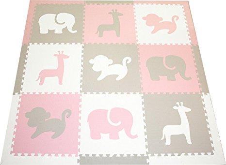 SoftTiles Children's Playmat- Safari Animals- Premium Interlocking Foam Large Floor Tiles for Girls Playroom and Baby Nursery 78" x 78" (Light Pink, Light Gray, White) SCSAFWCH